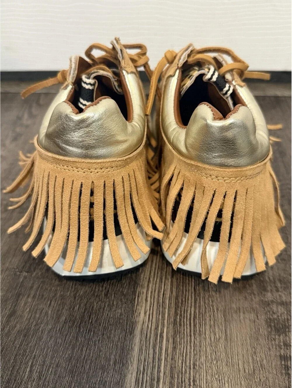 ShuShop Pepa Leopard Tan Fringe Trim Leather Lace Sneakers Size 7.5 Womens